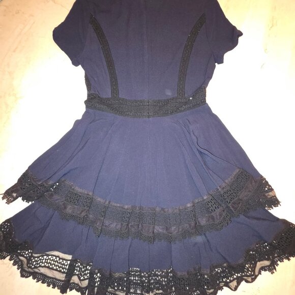 MAJE Navy Blue tiered mini dress w/Black lace trim size 1 - Picture 4 of 4